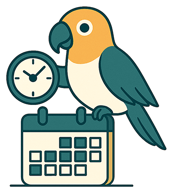 Le perroquet NetLark tient une horloge, perché sur un calendrier