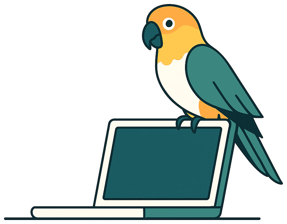 Le perroquet NetLark perché sur un ordinateur portable ouvert